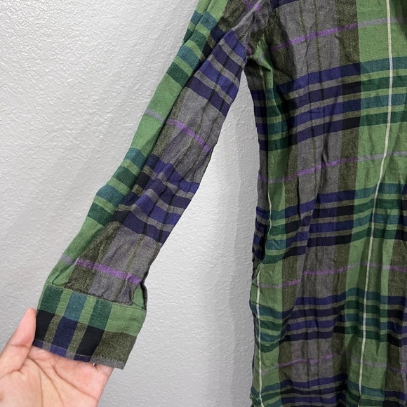 SANDRO PARIS GREEN PLAID LONG SLEEVE RUFFLE NECK HI-LOW SHIRT DRESS Size M - Picture 8 of 16